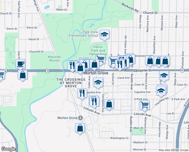 map of restaurants, bars, coffee shops, grocery stores, and more near in Morton Grove