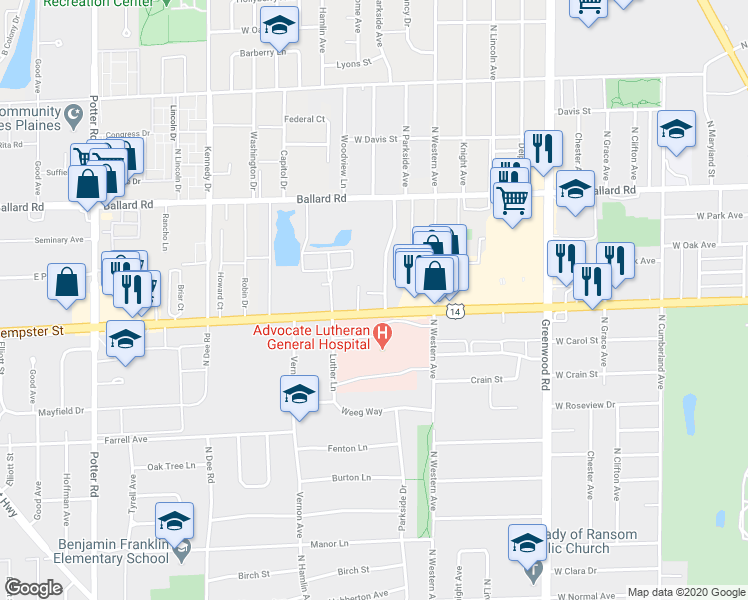 map of restaurants, bars, coffee shops, grocery stores, and more near 1840 Parkside Drive in Park Ridge
