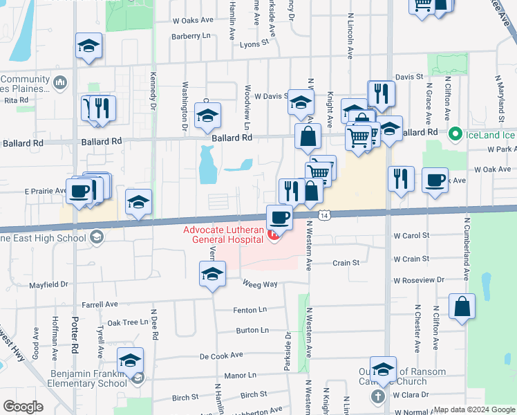 map of restaurants, bars, coffee shops, grocery stores, and more near 1720 Dempster Court in Park Ridge