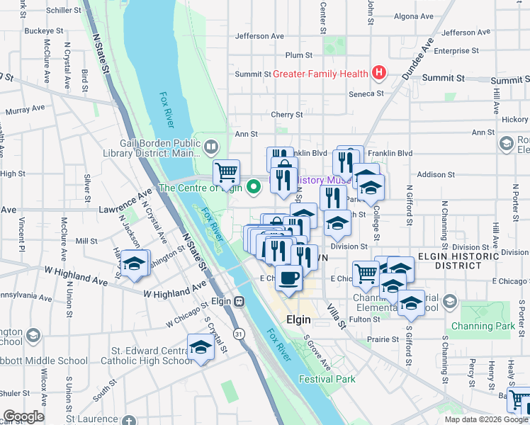 map of restaurants, bars, coffee shops, grocery stores, and more near in Elgin