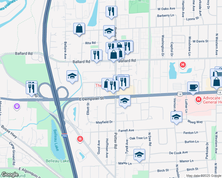 map of restaurants, bars, coffee shops, grocery stores, and more near 2550 East Dempster Street in Des Plaines