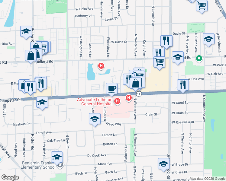 map of restaurants, bars, coffee shops, grocery stores, and more near 1720 Dempster Court in Park Ridge