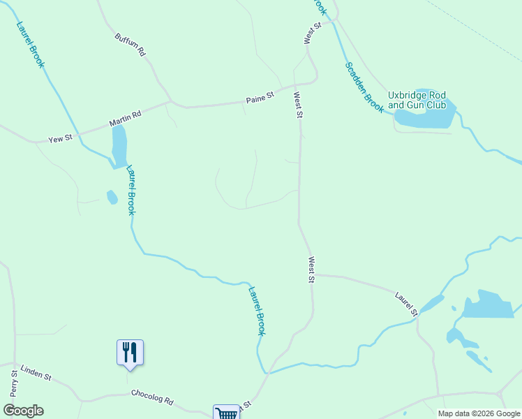 map of restaurants, bars, coffee shops, grocery stores, and more near 20 Southwoods Drive in Uxbridge