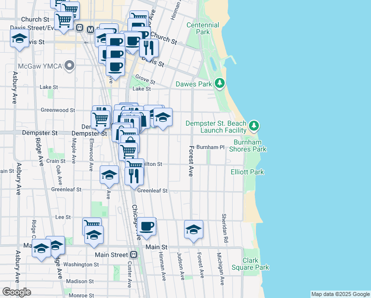 map of restaurants, bars, coffee shops, grocery stores, and more near 1232 Forest Avenue in Evanston