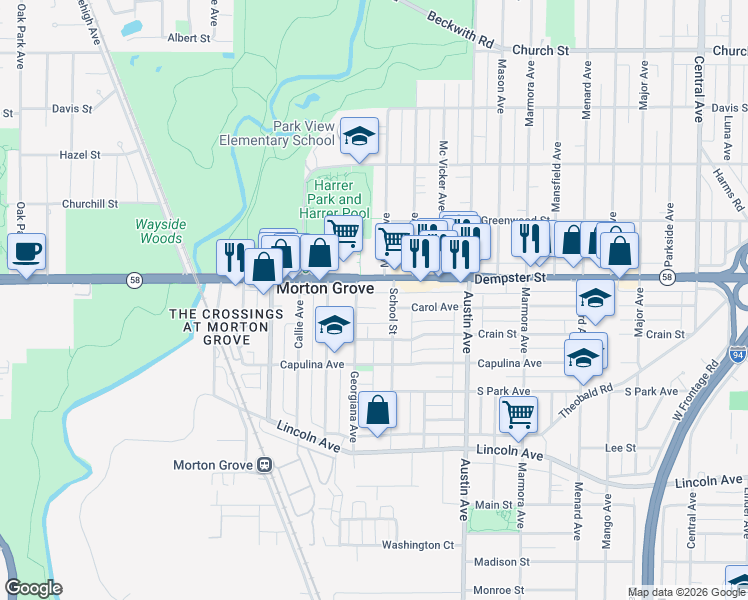 map of restaurants, bars, coffee shops, grocery stores, and more near 8736 School Street in Morton Grove