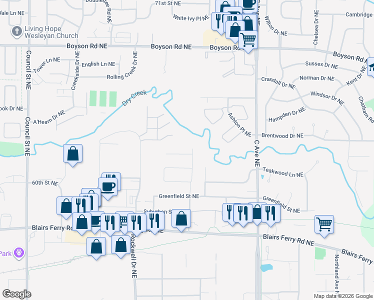 map of restaurants, bars, coffee shops, grocery stores, and more near 6208 Oakwood Avenue Northeast in Cedar Rapids