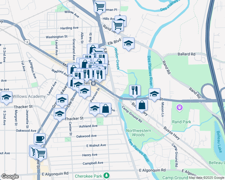 map of restaurants, bars, coffee shops, grocery stores, and more near 800 South River Road in Des Plaines