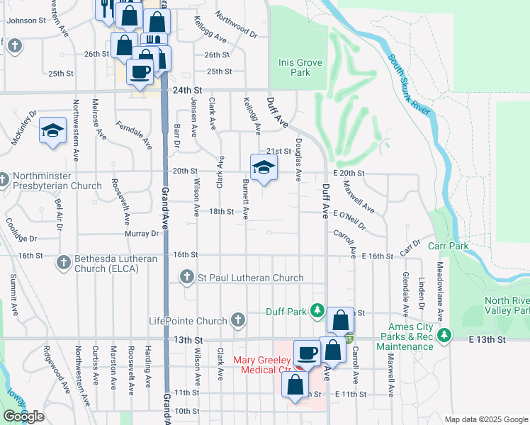 map of restaurants, bars, coffee shops, grocery stores, and more near 300 20th Street in Ames