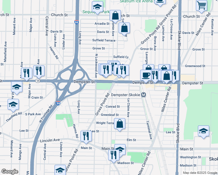 map of restaurants, bars, coffee shops, grocery stores, and more near 8802 Gross Point Road in Skokie