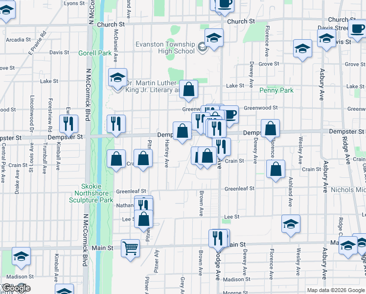 map of restaurants, bars, coffee shops, grocery stores, and more near 2014 Dempster Street in Evanston