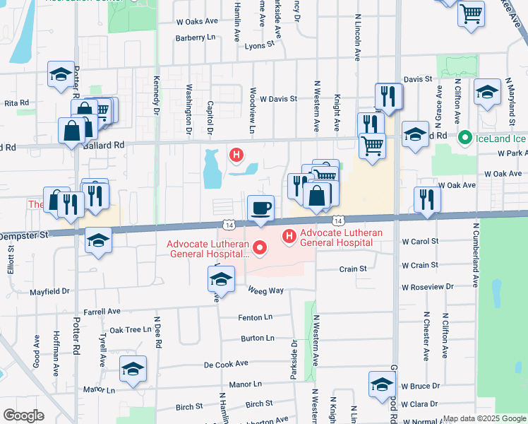 map of restaurants, bars, coffee shops, grocery stores, and more near 1720 Dempster Court in Park Ridge