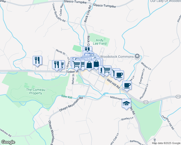 map of restaurants, bars, coffee shops, grocery stores, and more near 2 Maple Lane in Woodstock