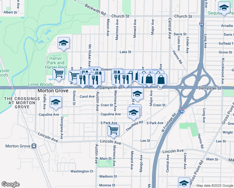 map of restaurants, bars, coffee shops, grocery stores, and more near 8727 Marmora Avenue in Morton Grove