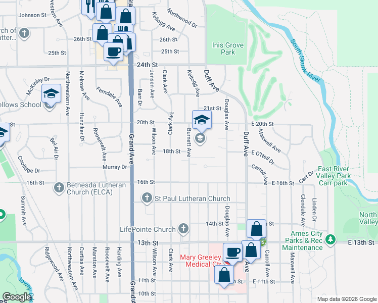 map of restaurants, bars, coffee shops, grocery stores, and more near 1700 Burnett Avenue in Ames