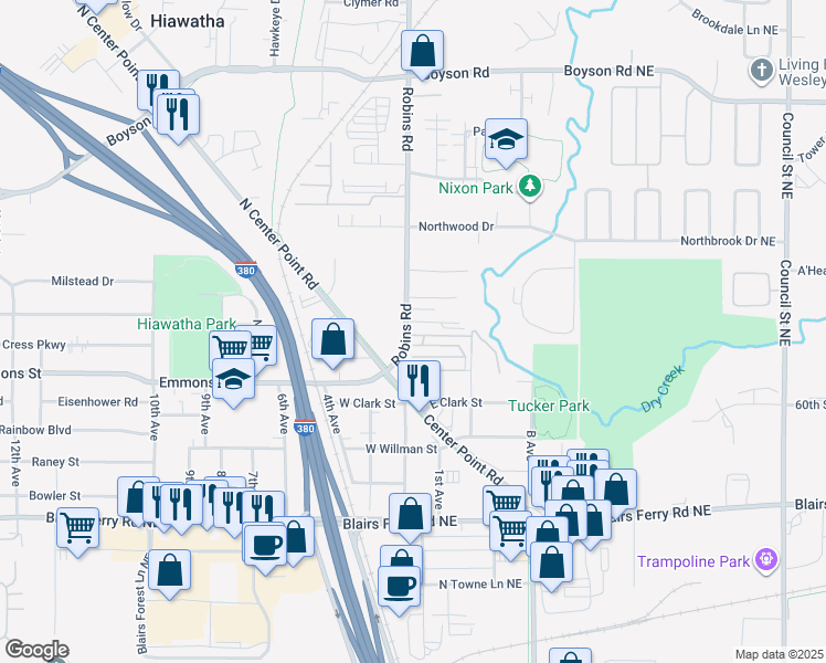 map of restaurants, bars, coffee shops, grocery stores, and more near 207 Robins Road in Hiawatha