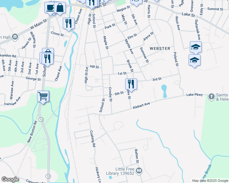 map of restaurants, bars, coffee shops, grocery stores, and more near 19 Crosby Street in Webster