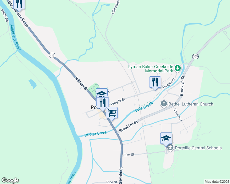 map of restaurants, bars, coffee shops, grocery stores, and more near 32 Maple Avenue in Portville