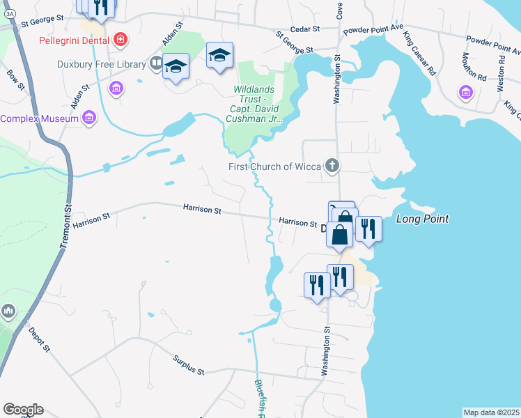 map of restaurants, bars, coffee shops, grocery stores, and more near 98 Harrison Street in Duxbury
