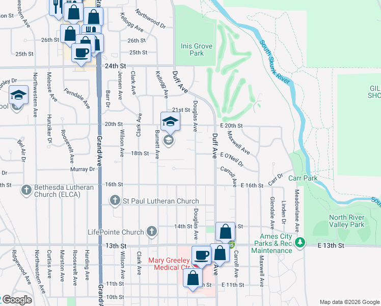 map of restaurants, bars, coffee shops, grocery stores, and more near 1723 Douglas Avenue in Ames