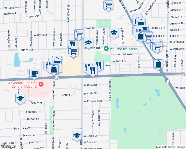map of restaurants, bars, coffee shops, grocery stores, and more near 8500 West Dempster Street in Niles
