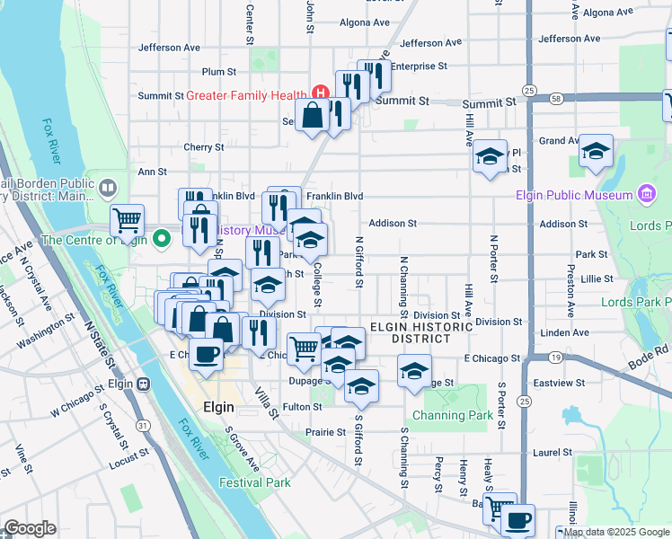 map of restaurants, bars, coffee shops, grocery stores, and more near 381 Park Street in Elgin