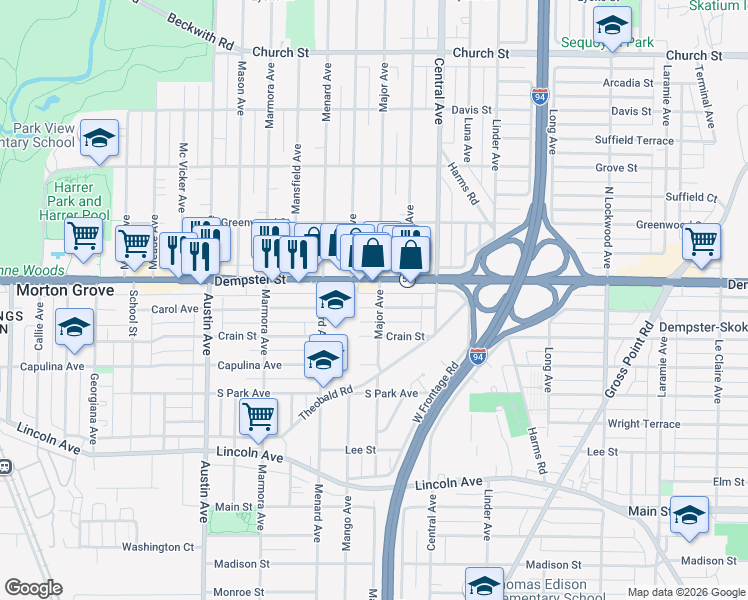 map of restaurants, bars, coffee shops, grocery stores, and more near 5700 Carol Avenue in Morton Grove