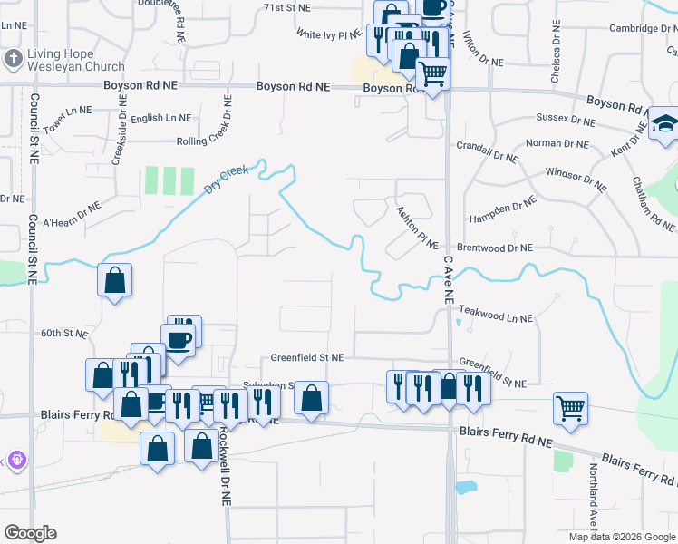 map of restaurants, bars, coffee shops, grocery stores, and more near 6208 Oakwood Avenue Northeast in Cedar Rapids