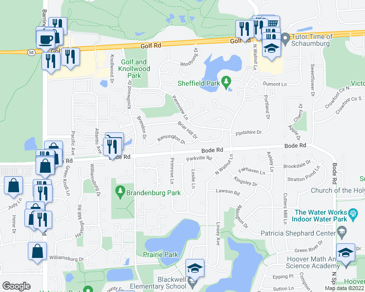 map of restaurants, bars, coffee shops, grocery stores, and more near 2121 Kensington Drive in Schaumburg