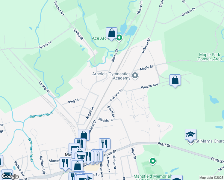 map of restaurants, bars, coffee shops, grocery stores, and more near 150 Oakland Street in Mansfield