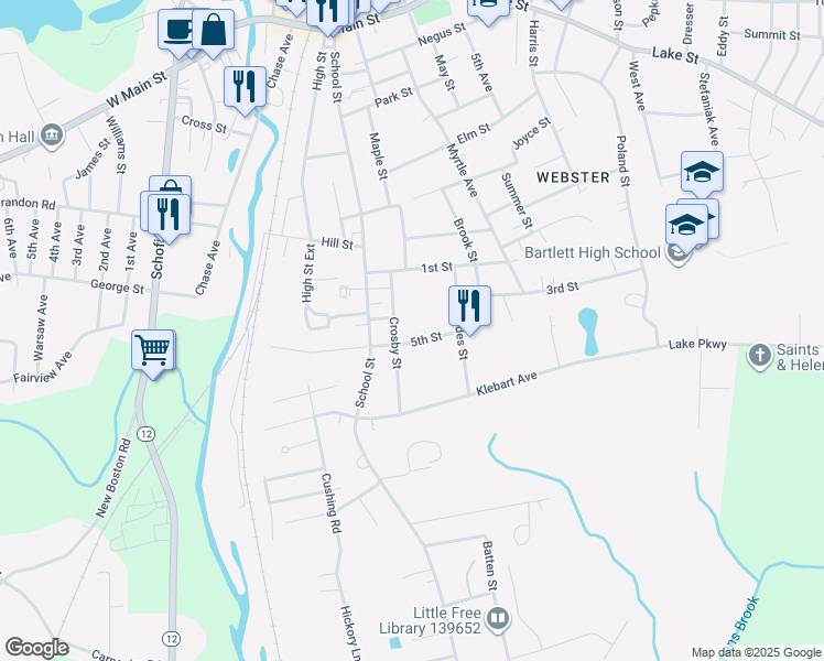 map of restaurants, bars, coffee shops, grocery stores, and more near 19 Crosby Street in Webster