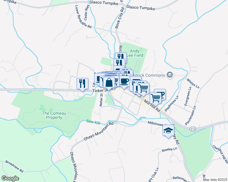 map of restaurants, bars, coffee shops, grocery stores, and more near 34-36 Tinker Street in Woodstock