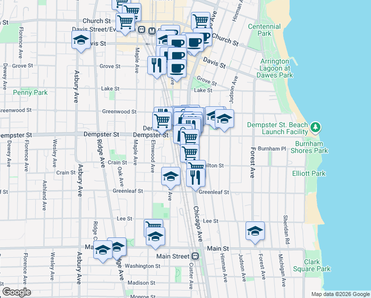 map of restaurants, bars, coffee shops, grocery stores, and more near 1224 Chicago Avenue in Evanston