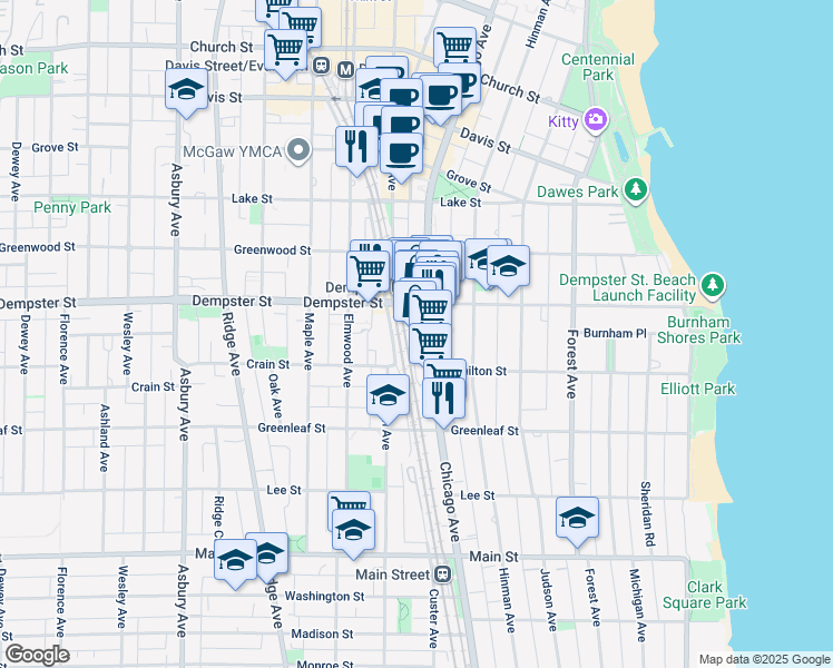 map of restaurants, bars, coffee shops, grocery stores, and more near 530 Dempster Street in Evanston