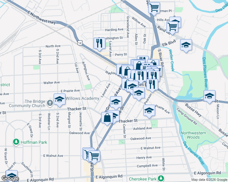 map of restaurants, bars, coffee shops, grocery stores, and more near 1336 East Prairie Avenue in Des Plaines