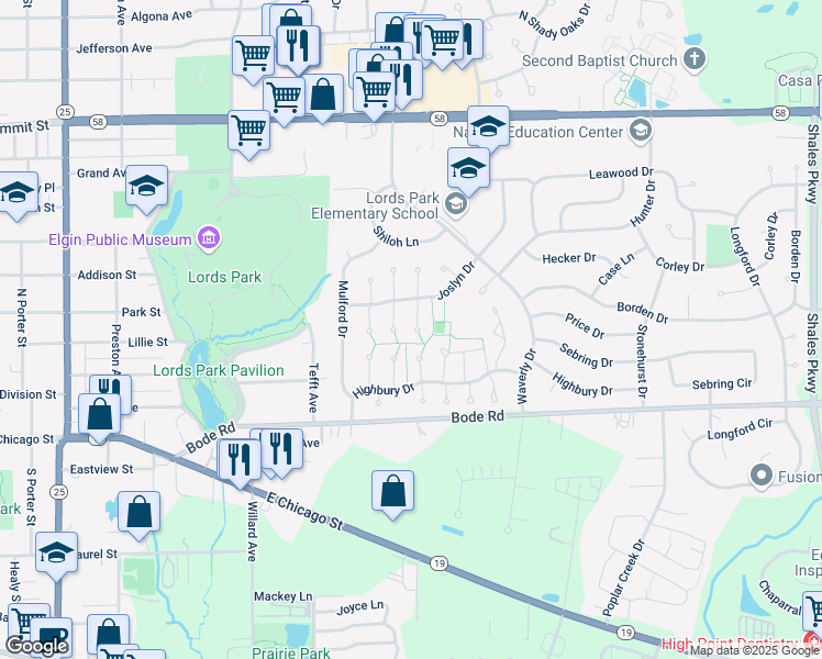 map of restaurants, bars, coffee shops, grocery stores, and more near 79 Joslyn Drive in Elgin