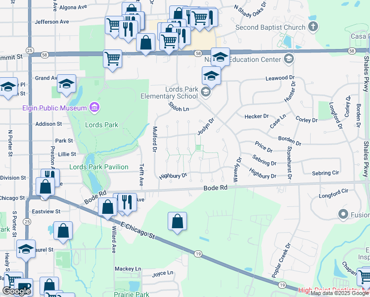 map of restaurants, bars, coffee shops, grocery stores, and more near 79 Joslyn Drive in Elgin
