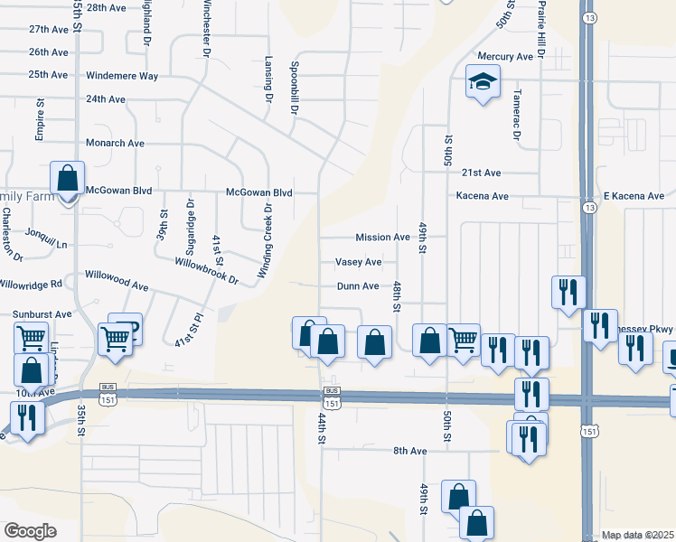 map of restaurants, bars, coffee shops, grocery stores, and more near 4511 Vasey Avenue in Marion