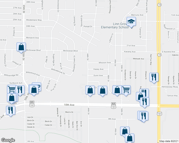 map of restaurants, bars, coffee shops, grocery stores, and more near 1530 44th Street in Marion