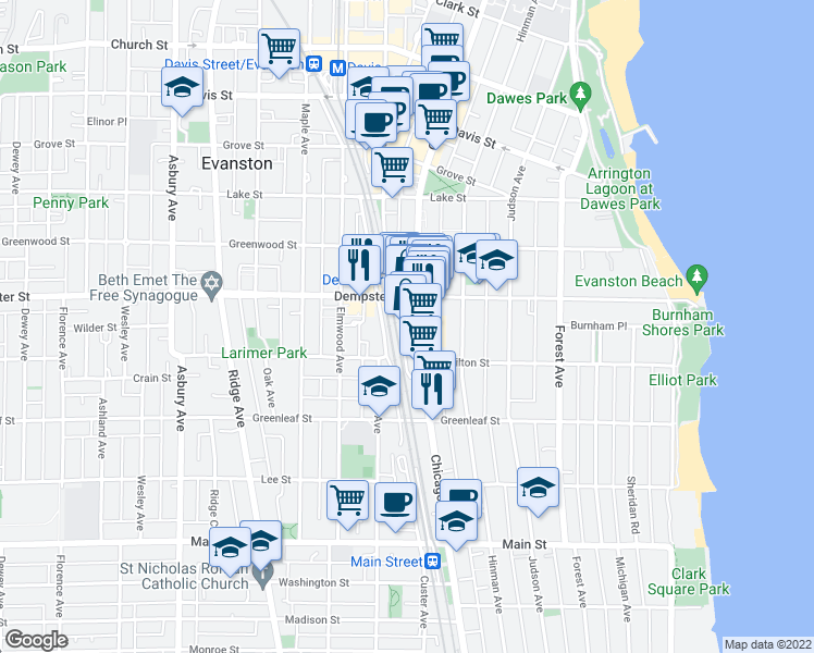 map of restaurants, bars, coffee shops, grocery stores, and more near 530 Dempster Street in Evanston