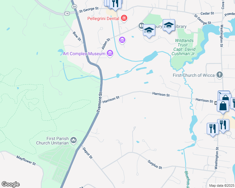 map of restaurants, bars, coffee shops, grocery stores, and more near 266 Harrison Street in Duxbury