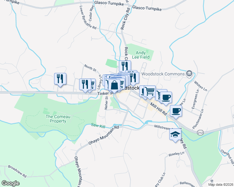 map of restaurants, bars, coffee shops, grocery stores, and more near 34-36 Tinker Street in Woodstock