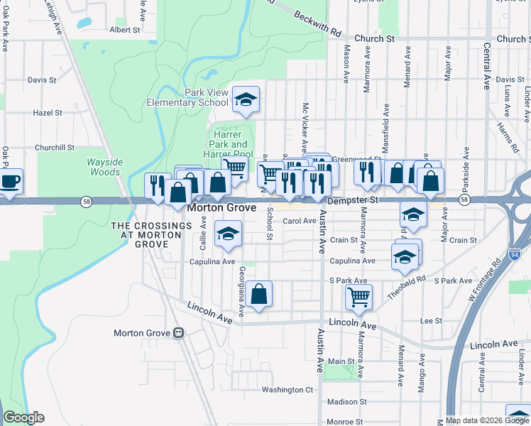 map of restaurants, bars, coffee shops, grocery stores, and more near 8736 School Street in Morton Grove