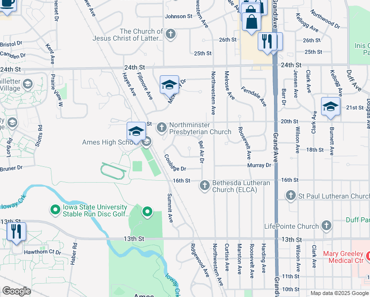 map of restaurants, bars, coffee shops, grocery stores, and more near 1813 Arthur Circle in Ames