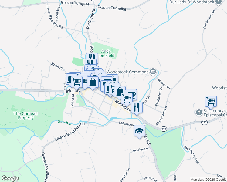 map of restaurants, bars, coffee shops, grocery stores, and more near 7 Elwyn Ln in Woodstock