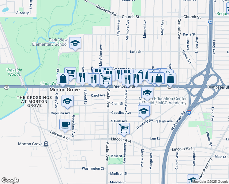 map of restaurants, bars, coffee shops, grocery stores, and more near 5928 Carol Avenue in Morton Grove