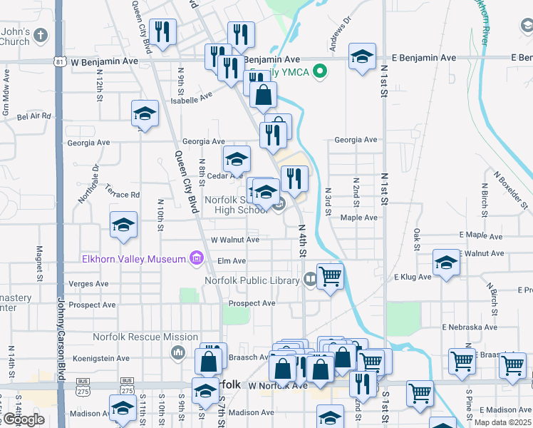 map of restaurants, bars, coffee shops, grocery stores, and more near 801 Riverside Boulevard in Norfolk