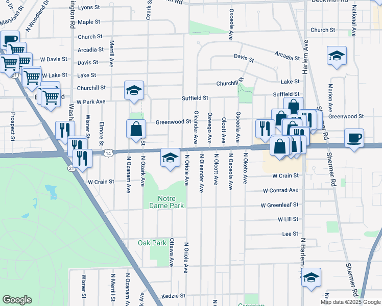 map of restaurants, bars, coffee shops, grocery stores, and more near 8761 North Oriole Avenue in Niles