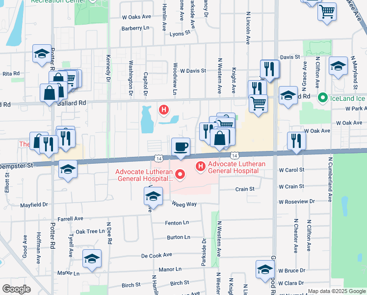 map of restaurants, bars, coffee shops, grocery stores, and more near 1720 Dempster Court in Park Ridge