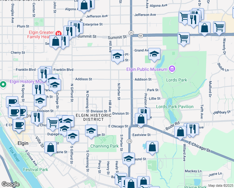map of restaurants, bars, coffee shops, grocery stores, and more near 162 North Porter Street in Elgin