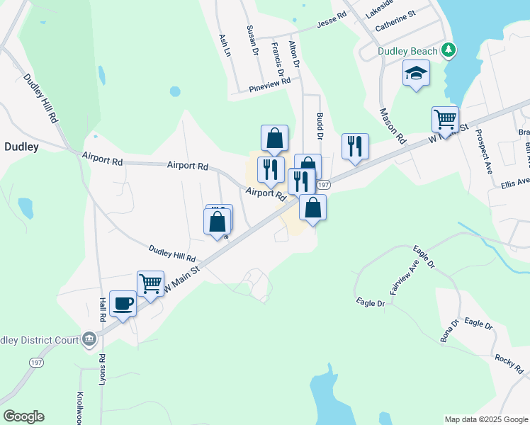 map of restaurants, bars, coffee shops, grocery stores, and more near 188 West Main Street in Dudley